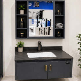 Grey Cabinet Vanity (w: Gold Handles)