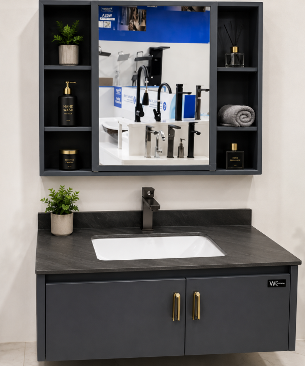 Grey Cabinet Vanity (w: Gold Handles)